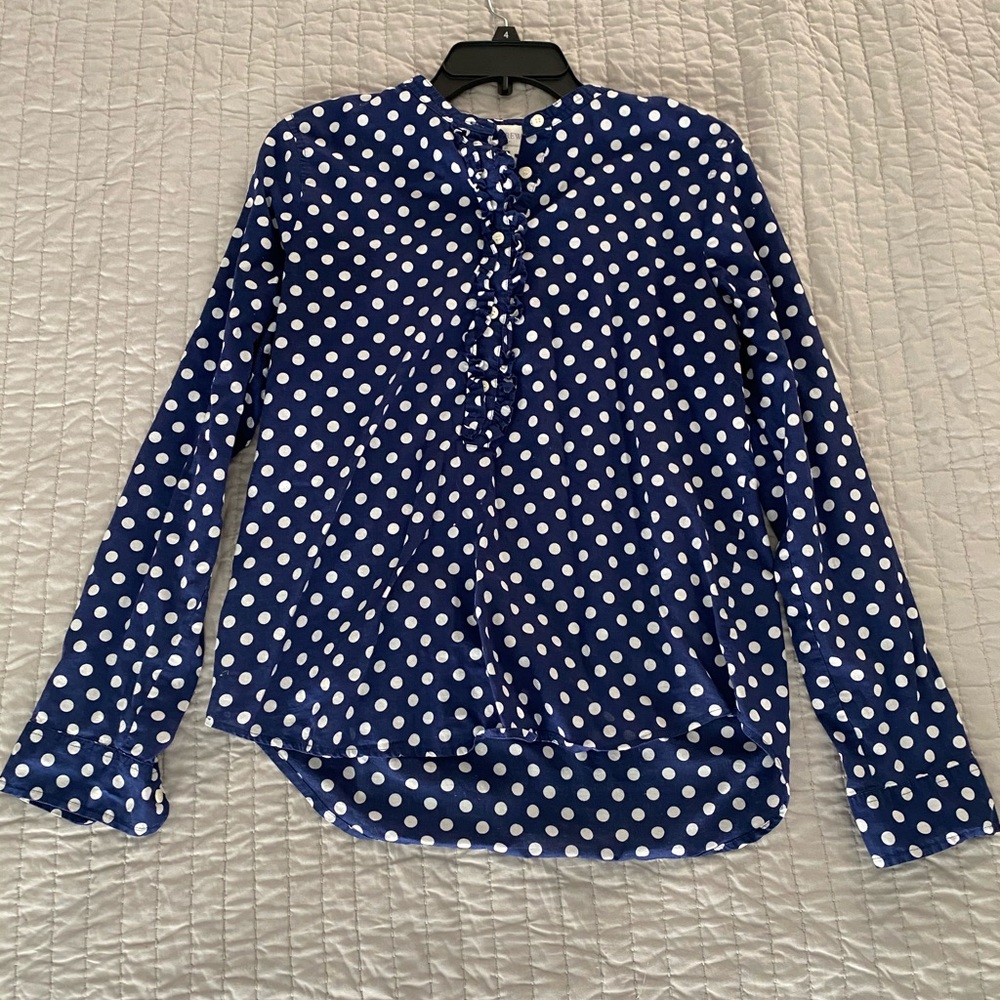 J Crew Navy and White Polka Dot Blouse